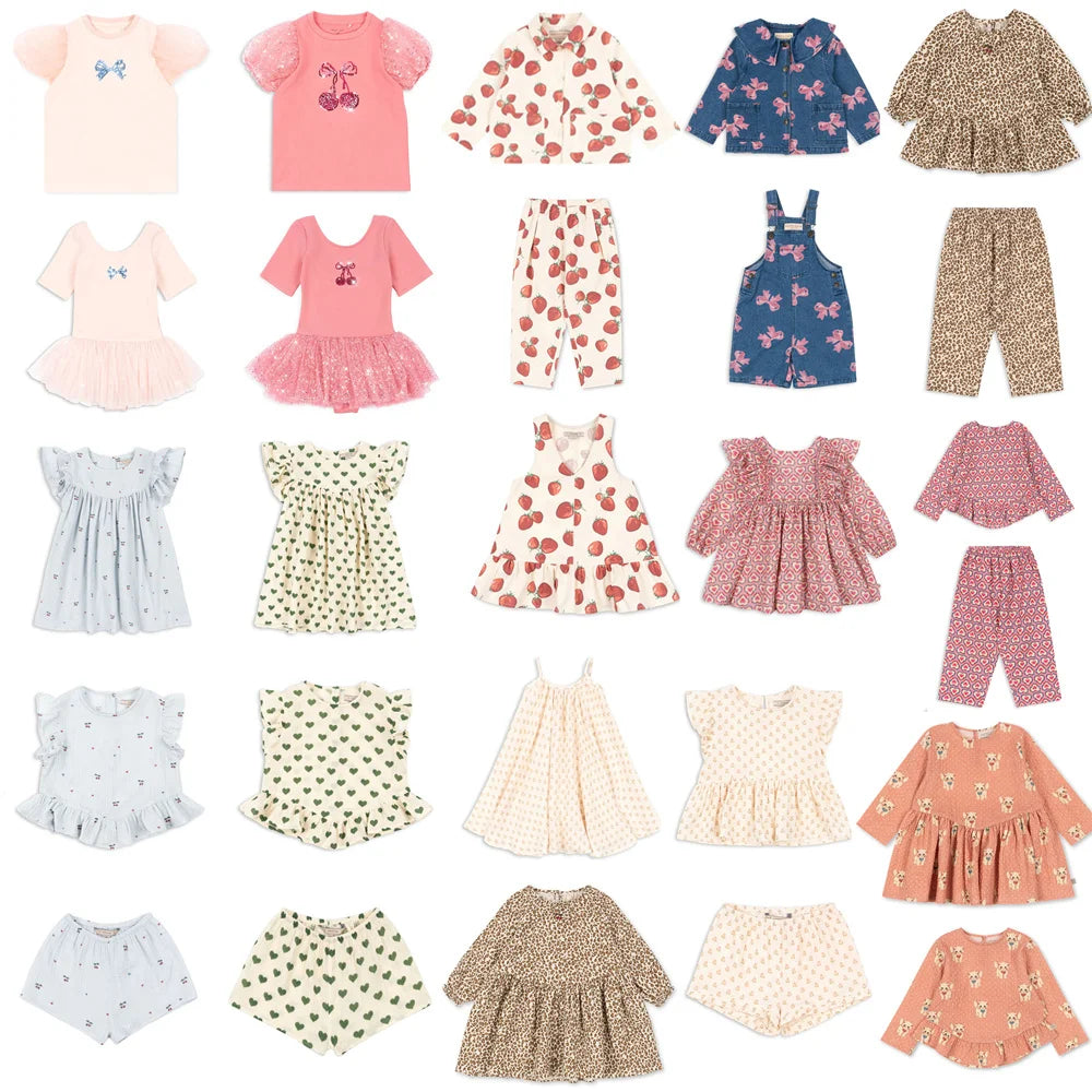 Girls Dress 2026 Summer Kids Tee and Shorts Set Heart printed Lace T Shirt Denim Overalls Children Princess Dresses Clothing